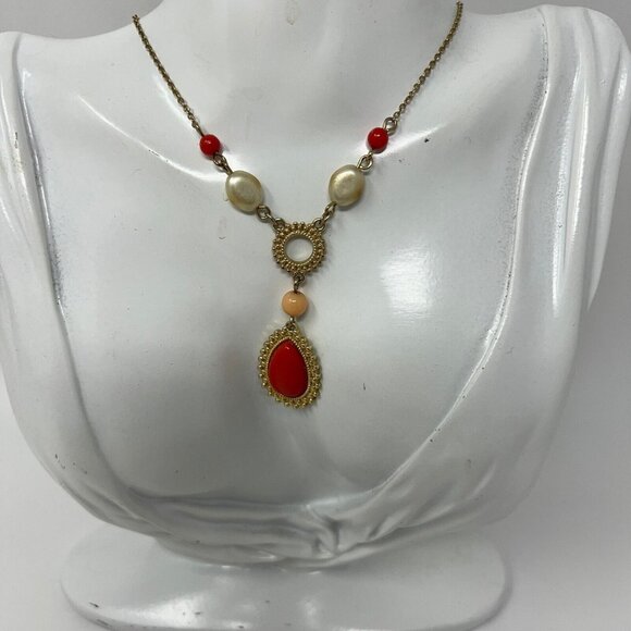 Vintage Avon Necklace Gold Tone Orange Drop and White Tan Beads - Picture 1 of 9